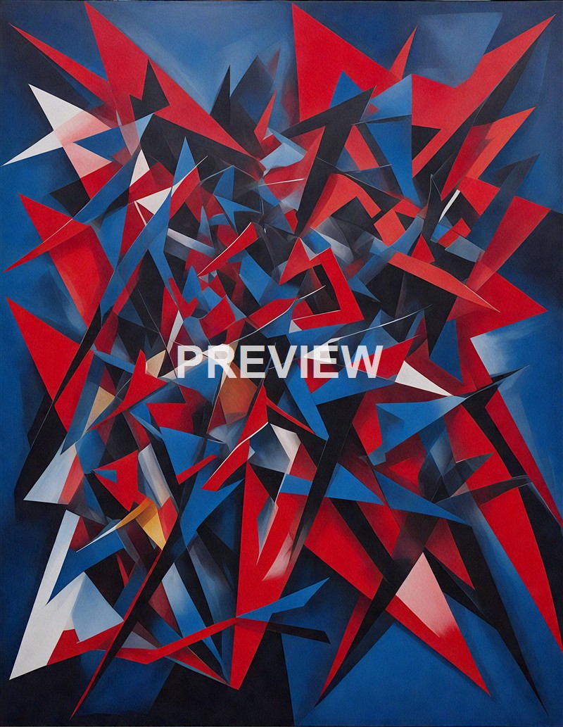 An abstract painting composed of numerous sharp, angular shapes in red, blue, black, white, and beige, creating a dynamic and chaotic visual pattern.